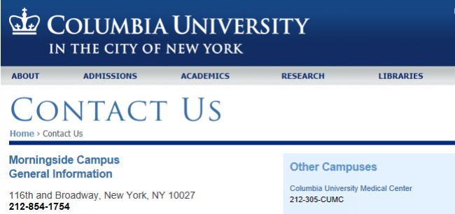 address_website 哥伦比亚大学Contact Us页面的详细地址